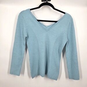 Y2K SZ L Blue Knit Tank Top Ribbed V Neck Striped 90s Retro Festival Indie